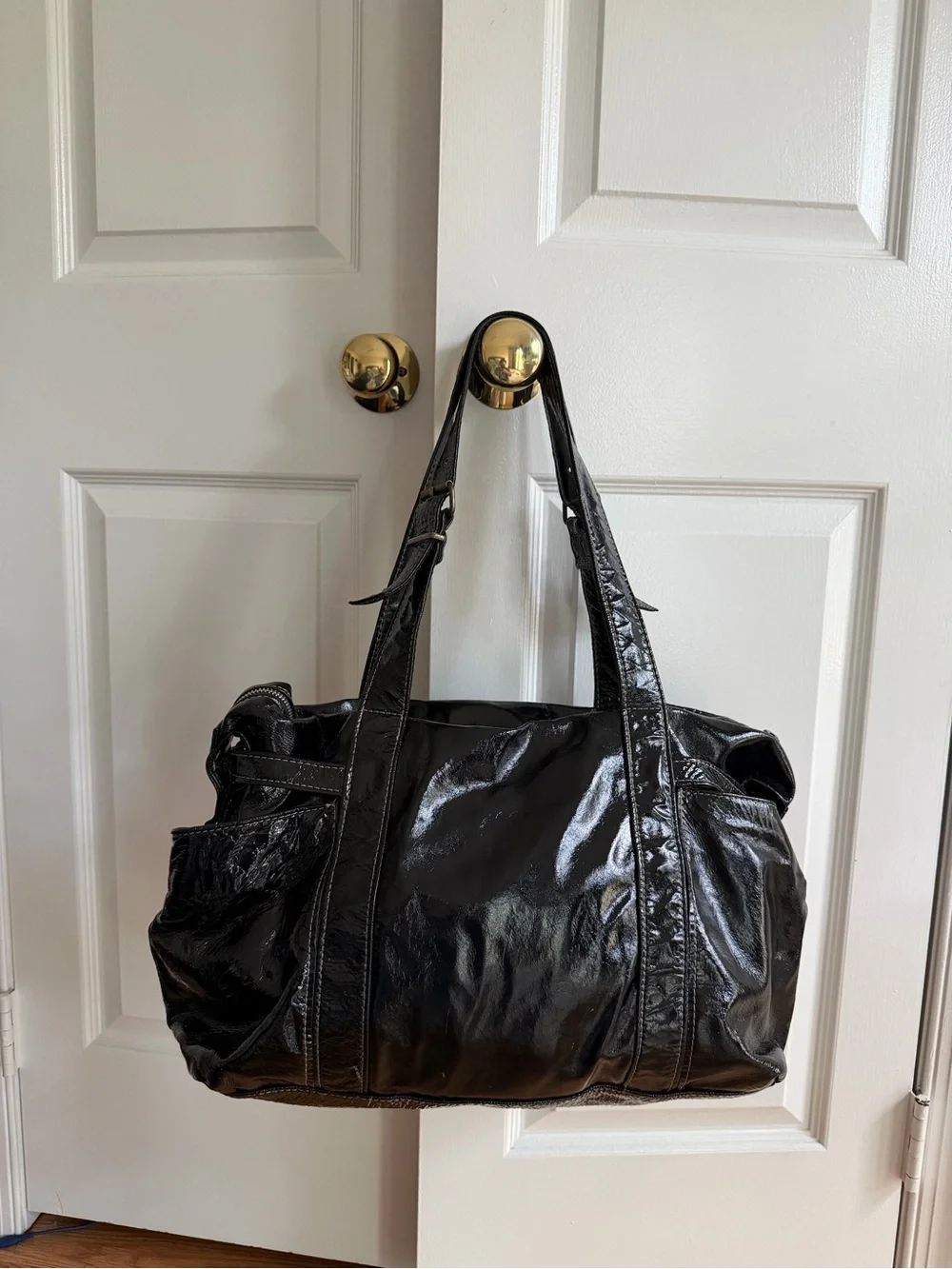 Not Rational Black Patent Leather Slouchy Shoulder Tote Bag Y2K